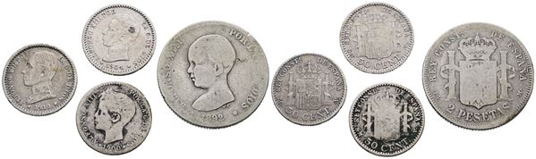 SPAGNA. Alfonso XIII (1885-1931). Lotto di 4 monete. 2 pesetas 1892; 50 centesimi 1900, 1904, 1910. Conservazioni varie. Ag  - Asta MONETE E MEDAGLIE MODERNE, CONI, PUNZONI E RARITÀ MASSONICHE - Bertolami Fine Art - Casa d'Aste