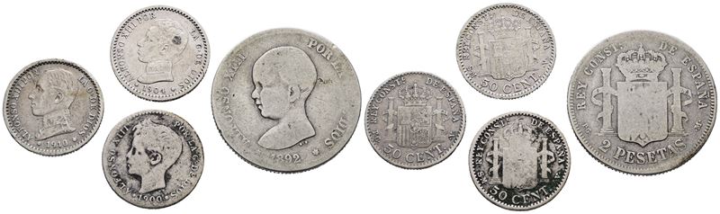 SPAGNA. Alfonso XIII (1885-1931). Lotto di 4 monete. 2 pesetas 1892; 50 centesimi 1900, 1904, 191...