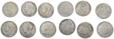 Spagna. Alfonso XIII (1885-1931). Lotto di 6 Monete. 1 Peseta 1891, 1899, 1900, 1901, 1902, 1903....