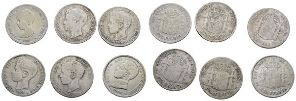 SPAGNA. Alfonso XIII (1885-1931). Lotto di 6 monete. 1 peseta 1891, 1899, 1900, 1901, 1902, 1903. Conservazioni varie. Ag  - Asta MONETE E MEDAGLIE MODERNE, CONI, PUNZONI E RARITÀ MASSONICHE - Bertolami Fine Art - Casa d'Aste