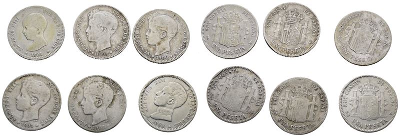 Spagna. Alfonso XIII (1885-1931). Lotto di 6 Monete. 1 Peseta 1891, 1899, 1900, 1901, 1902, 1903....