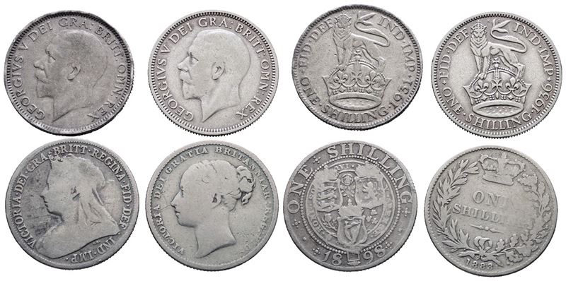 INGHILTERRA. Lotto di 4 monete. 1 shilling 1883, 1898, 1931, 1936. Conservazioni varie. Ag
