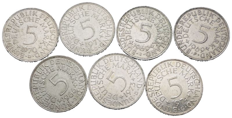 Germania. Lotto di 7 Monete da 5 Marchi in Argento. Date e Conservazioni Varie. Km 112; Ag