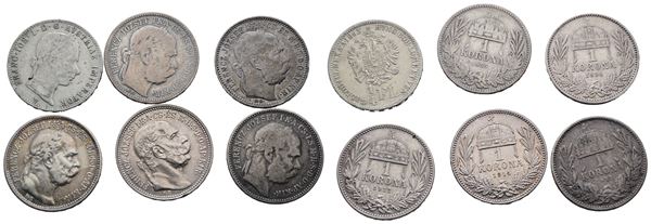 AUSTRIA. Francesco Giuseppe (1848-1916). Lotto di 6 monete. 1 corona 1892, 1894, 1895, 1912, 1914; 1/4 fiorino 1863 V. Conservazioni varie. Ag  - Asta MONETE E MEDAGLIE MODERNE, CONI, PUNZONI E RARITÀ MASSONICHE - Bertolami Fine Art - Casa d'Aste