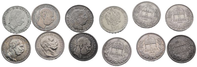 Austria. Francesco Giuseppe (1848-1916). Lotto di 6 Monete. 1 Corona 1892, 1894, 1895, 1912, 1914...