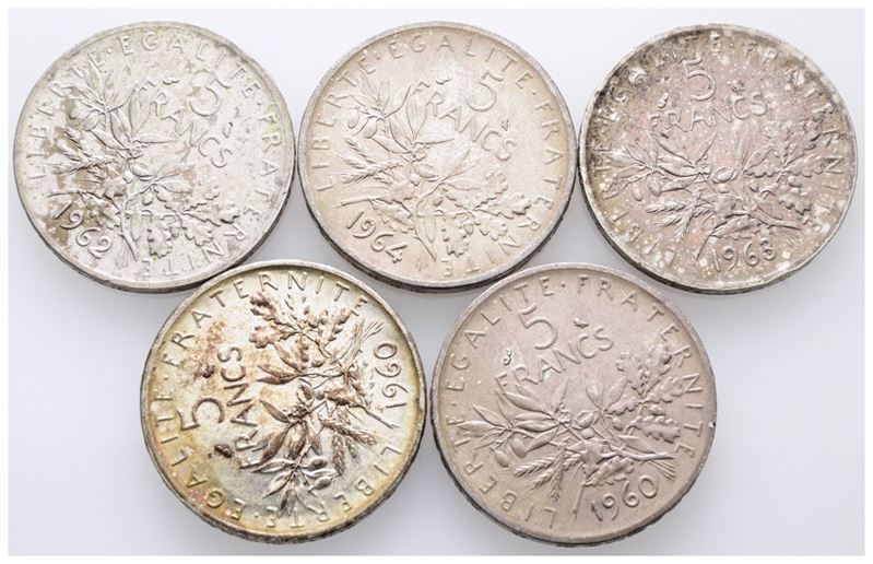 FRANCIA. Lotto di 5 monete. 5 franchi 1960, 1962, 1963, 1963, 1964. Conservazioni varie. Ag.