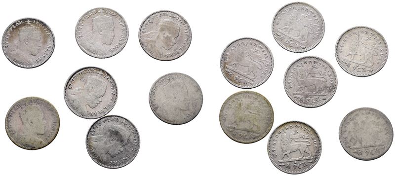 Etiopia. Menelik II (1889-1813). Lotto di 7 Monete da 1 Gersh. Varie Conservazioni. Km 12; Ag