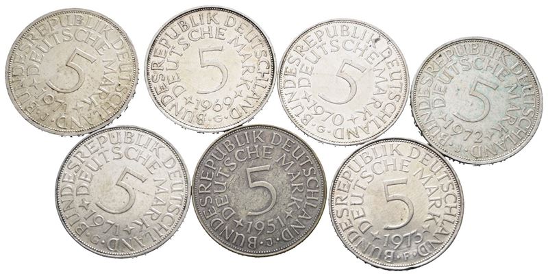 Germania. Lotto di 7 Monete da 5 Marchi in Argento. Date e Conservazioni Varie. Km 112; Ag