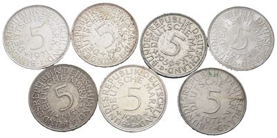 Germania. Lotto di 7 Monete da 5 Marchi in Argento. Date e Conservazioni Varie. Km 112; Ag