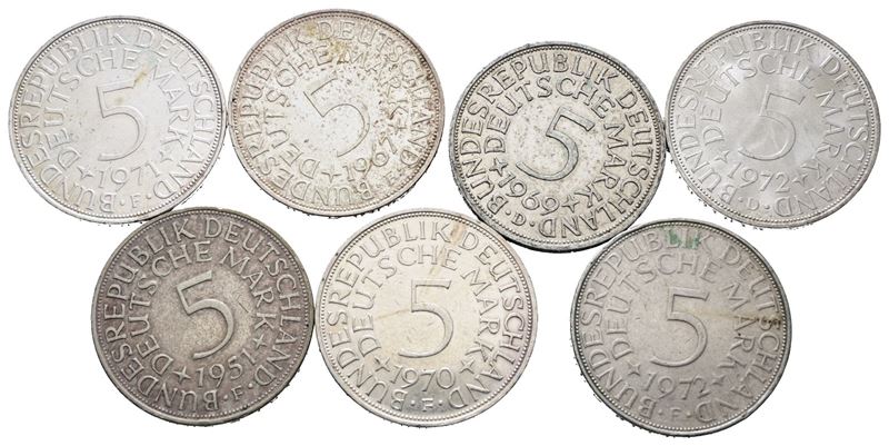 Germania. Lotto di 7 Monete da 5 Marchi in Argento. Date e Conservazioni Varie. Km 112; Ag