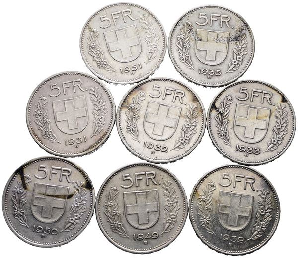 SVIZZERA. Lotto di 8 monete da 5 franchi 1931, 1932, 1933, 1935, 1939, 1949, 1950, 1951. Conservazioni varie. Ag  - Asta MONETE E MEDAGLIE MODERNE, CONI, PUNZONI E RARITÀ MASSONICHE - Bertolami Fine Art - Casa d'Aste