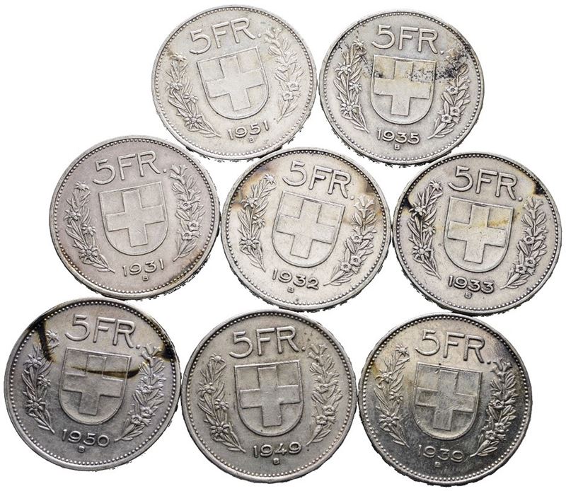 SVIZZERA. Lotto di 8 monete da 5 franchi 1931, 1932, 1933, 1935, 1939, 1949, 1950, 1951. Conserva...