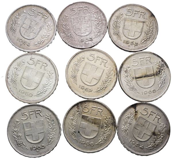 SVIZZERA. Lotto di 9 monete da 5 franchi 1953 (2), 1954 (2), 1965, 1966, 1967, 1969 (2). Conservazioni varie. Ag  - Asta MONETE E MEDAGLIE MODERNE, CONI, PUNZONI E RARITÀ MASSONICHE - Bertolami Fine Art - Casa d'Aste