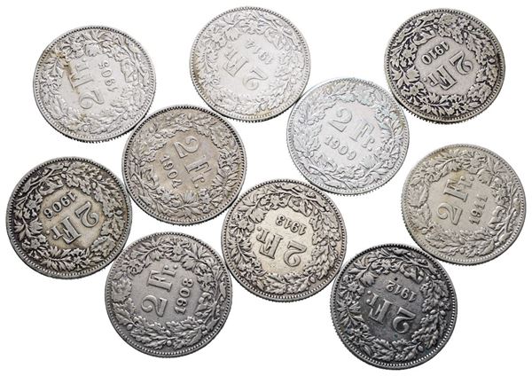 SVIZZERA. Lotto di 10 monete da 2 franchi 1904, 1905, 1906, 1908, 1909, 1910, 1911, 1912, 1913, 1914. Conservazioni varie. Ag
