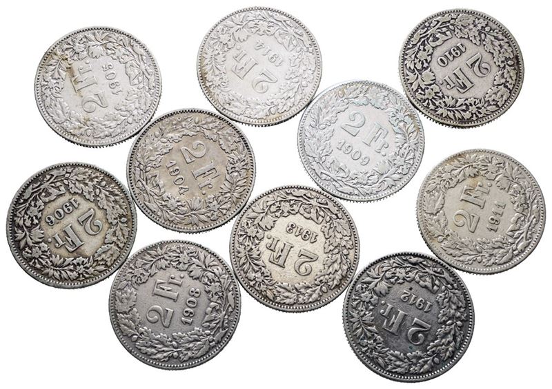 SVIZZERA. Lotto di 10 monete da 2 franchi 1904, 1905, 1906, 1908, 1909, 1910, 1911, 1912, 1913, 1...