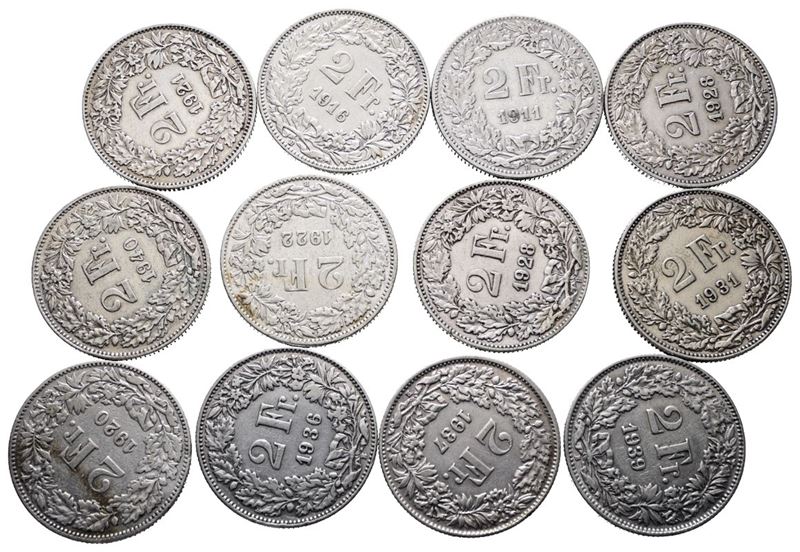 SVIZZERA. Lotto di 12 monete da 2 franchi 1911, 1916, 1920, 1921, 1922, 1926, 1928, 1931, 1936, 1...