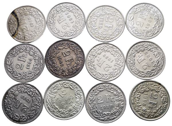 SVIZZERA. Lotto di 12 monete da 2 franchi 1943, 1944, 1946, 1948, 1958, 1959, 1960, 1961, 1963, 1964, 1965, 1967. Conservazioni varie. Ag