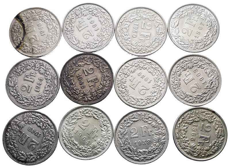 SVIZZERA. Lotto di 12 monete da 2 franchi 1943, 1944, 1946, 1948, 1958, 1959, 1960, 1961, 1963, 1...