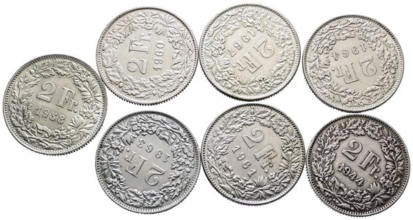 SVIZZERA. Lotto di 7 monete da 2 franchi 1944, 1958, 1960, 1961, 1963, 1964, 1967. Conservazioni varie. Ag