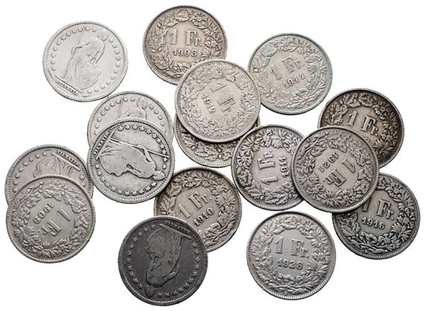 SVIZZERA. Lotto di 16 monete da 1 franco 1876, 1899, 1903, 1906, 1907, 1908, 1909, 1910, 1911, 1912, 1913, 1914, 1916, 1920, 1921, 1928. Conservazioni varie. Ag  - Asta MONETE E MEDAGLIE MODERNE, CONI, PUNZONI E RARITÀ MASSONICHE - Bertolami Fine Art - Casa d'Aste