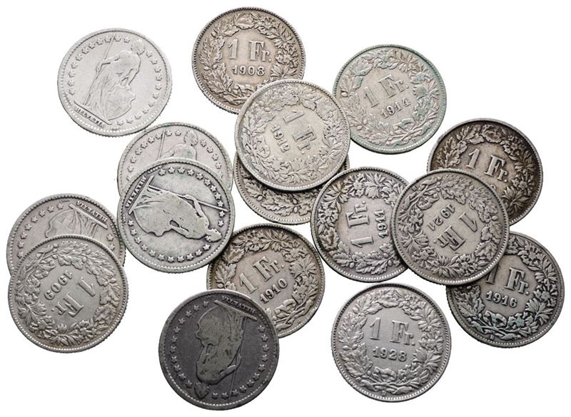 SVIZZERA. Lotto di 16 monete da 1 franco 1876, 1899, 1903, 1906, 1907, 1908, 1909, 1910, 1911, 19...
