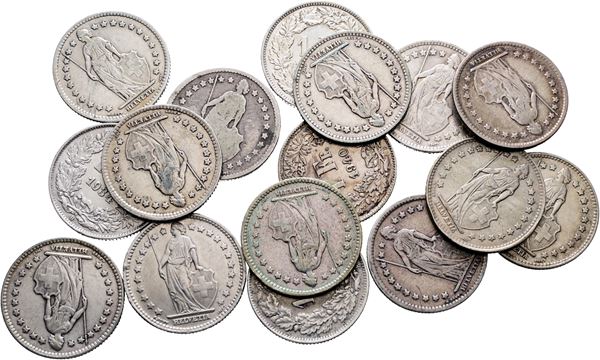 SVIZZERA. Lotto di 16 monete da 1 franco 1877, 1912, 1920, 1921, 1931, 1932, 1934, 1936, 1937, 1939, 1940, 1943, 1944, 1945, 1946, 1947. Conservazioni varie. Ag  - Asta MONETE E MEDAGLIE MODERNE, CONI, PUNZONI E RARITÀ MASSONICHE - Bertolami Fine Art - Casa d'Aste