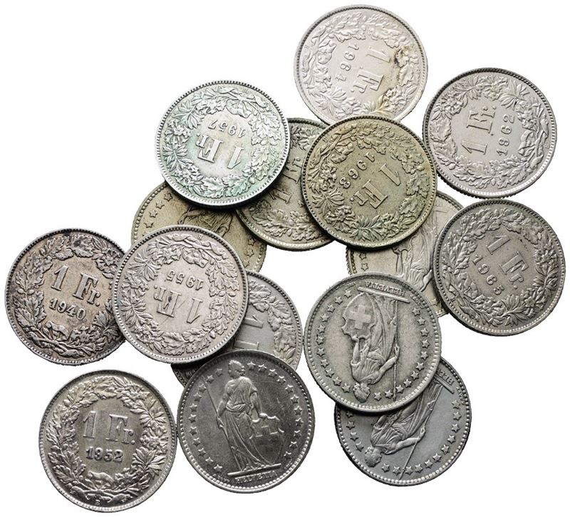 SVIZZERA. Lotto di 16 monete da 1 franco 1920, 1952, 1953, 1955, 1956, 1957, 1958, 1959, 1960, 19...