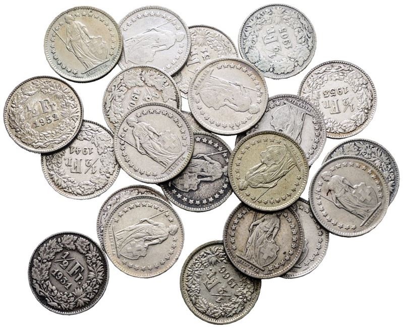 SVIZZERA. Lotto di 23 monete da 1/2 franco. Date e conservazioni varie. Ag