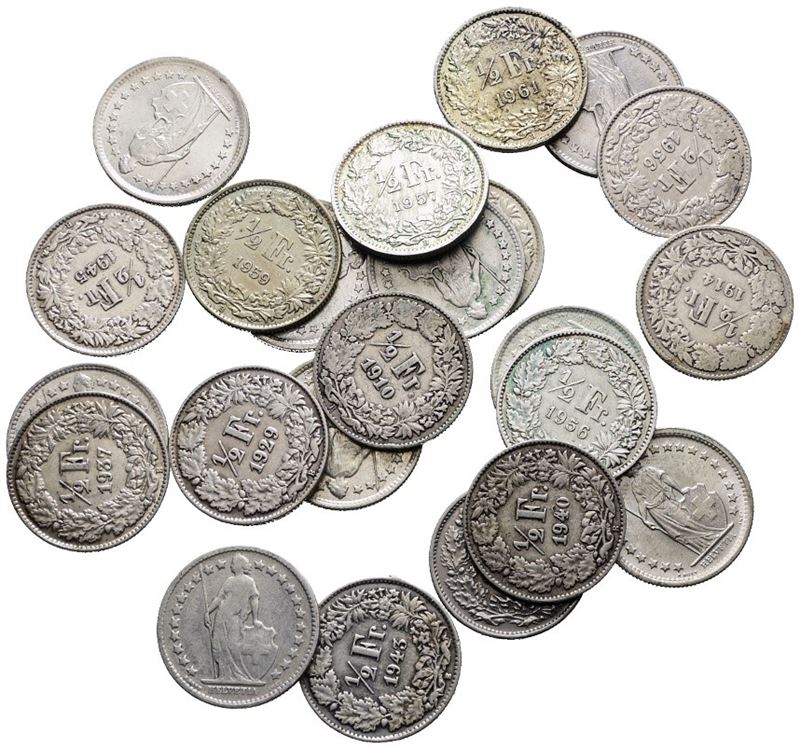 SVIZZERA. Lotto di 23 monete da 1/2 franco. Date e conservazioni varie. Ag