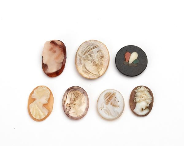 Lot of 7 carvings in jasper, carnelian agate, and semi-precious stone mosaic