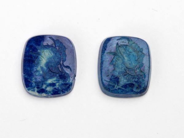 Lot of 2 lapis lazuli and glass paste carvings