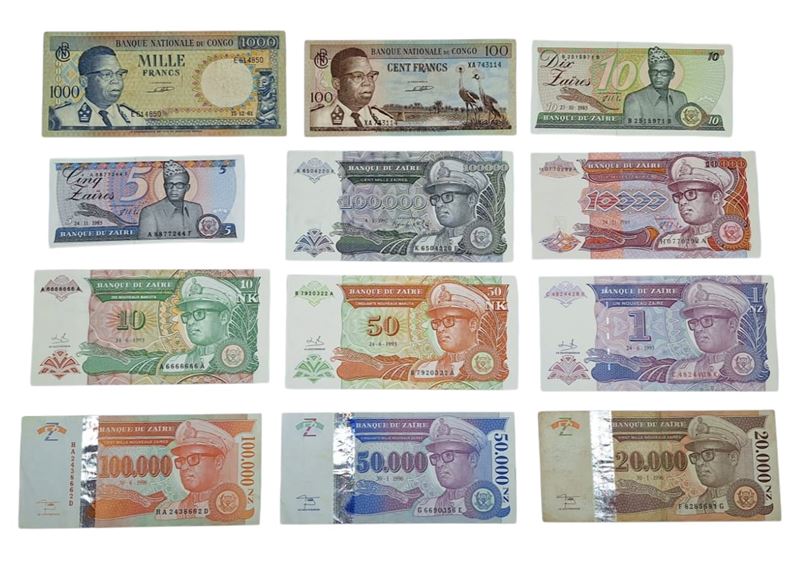 ZAIRE (CONGO). Lotto di 12 banconote. Date, tagli e conservazioni varie. Si segnala un 10 zaire 1...