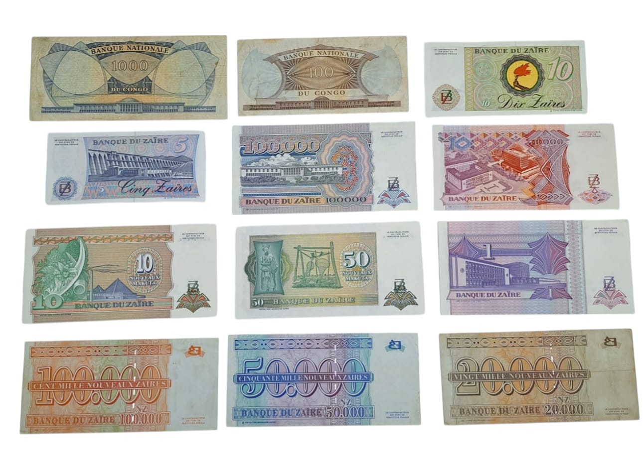 ZAIRE (CONGO). Lotto di 12 banconote. Date, tagli e conservazioni varie. Si segnala un 10 zaire 1...