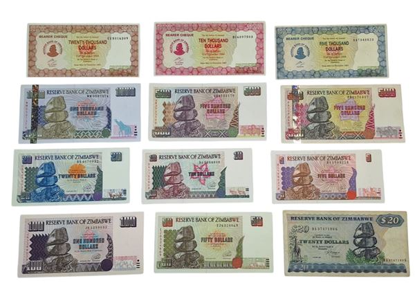 ZIMBABWE. Lotto di 12 banconote. Date, tagli e conservazioni varie.