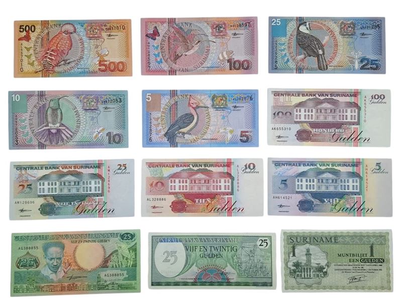 SURINAME. Lotto di 12 banconote. Date, tagli e conservazioni varie.
