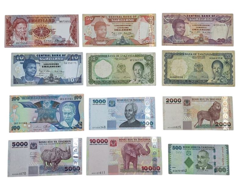 SWAZILAND E TANZANIA. Lotto di 12 banconote. Date, tagli e conservazioni varie.