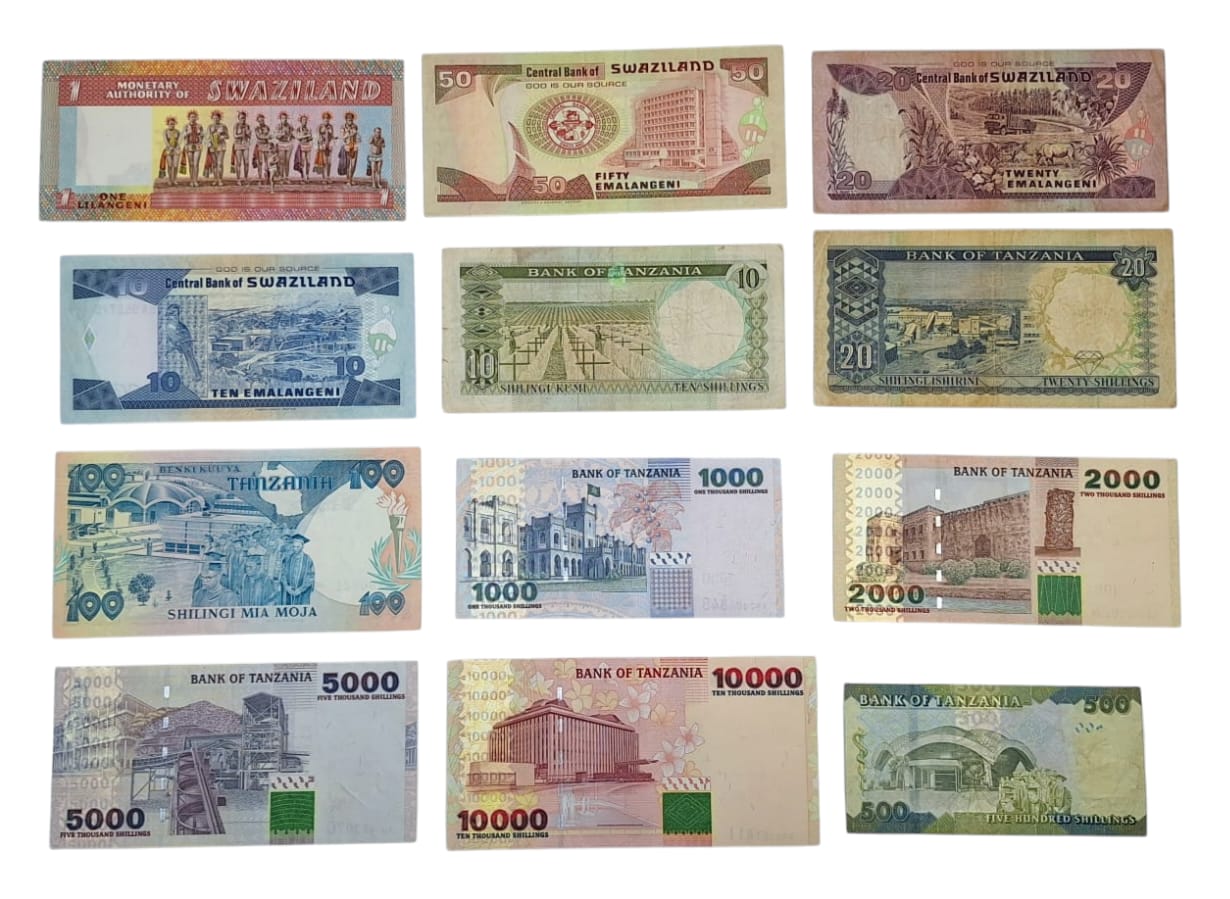 SWAZILAND E TANZANIA. Lotto di 12 banconote. Date, tagli e conservazioni varie.