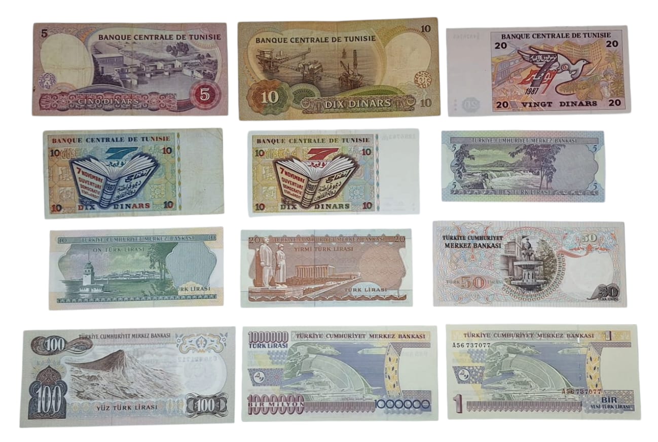 TUNISIA E TURCHIA. Lotto di 12 banconote. Date, tagli e conservazioni varie.