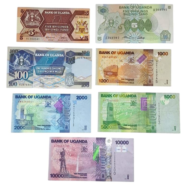 UGANDA. Lotto di 7 banconote. Date, tagli e conservazioni varie.