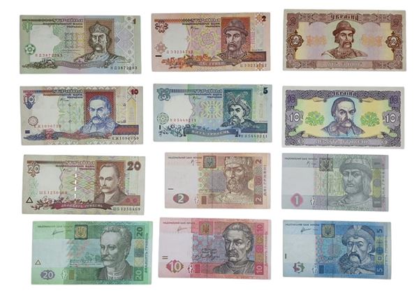 UCRAINA. Lotto di 12 banconote. Date, tagli e conservazioni varie.
