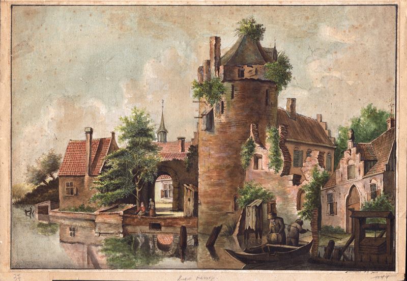 Paesaggio fluviale con case