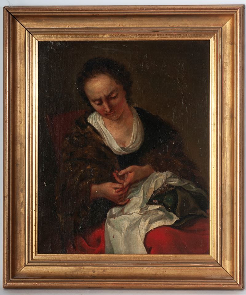 Autore Ignoto, Cucitrice, dipinto olio su tela
