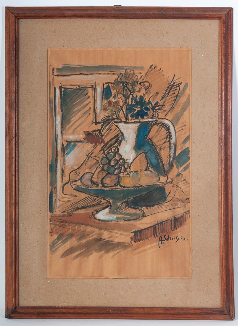 Achille Sdruscia - Achille Sdruccia, Natura silente: frutta e vasellame, tecnica mista su carta