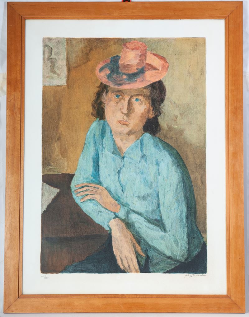 Luigi Montanarini - Donna con cappello, multiplo su carta