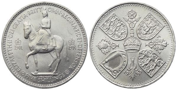 INGHILTERRA. Elisabetta II. 5 Shillings 1953 "Incoronazione". KM 894; Cn; 28,28gr. In blister