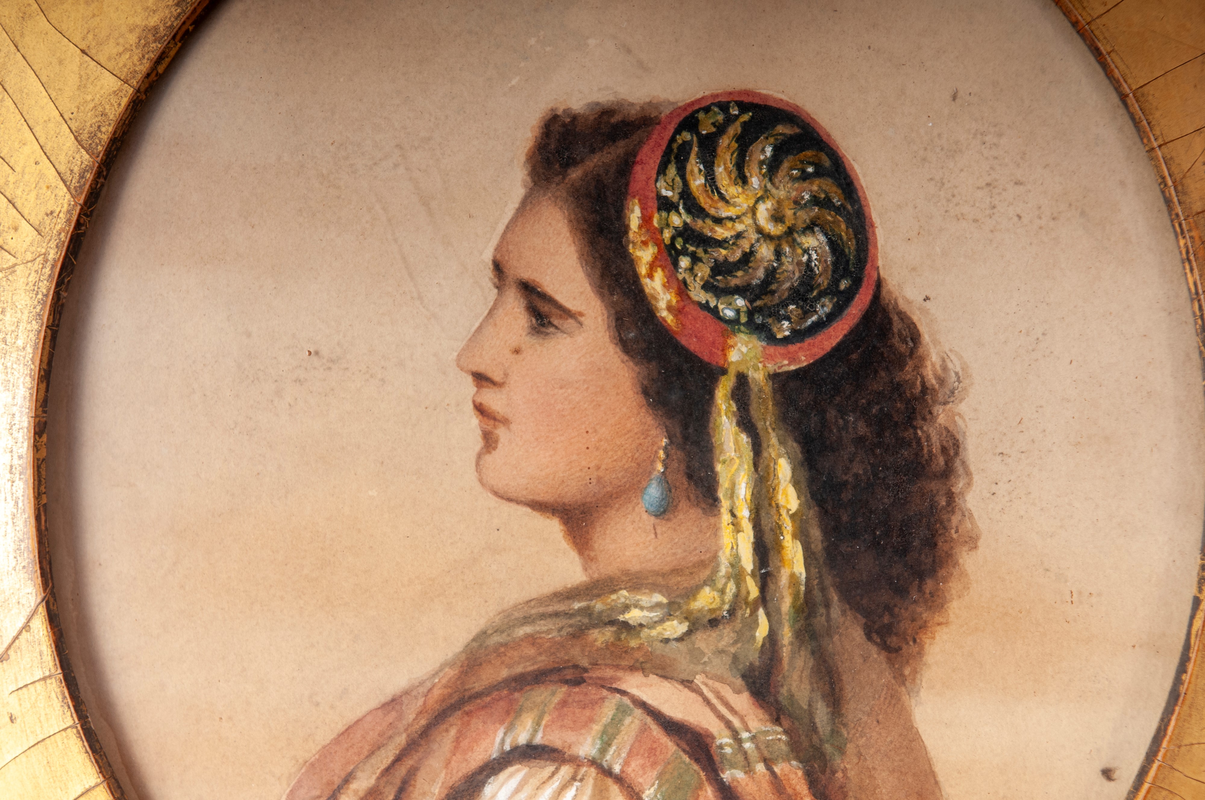 Profilo di popolana, disegno ad acquarello su carta ovale