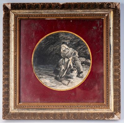 Autore sconosciuto, L'acquaiola, disegno ad acquerello su carta, diametro 15 cm