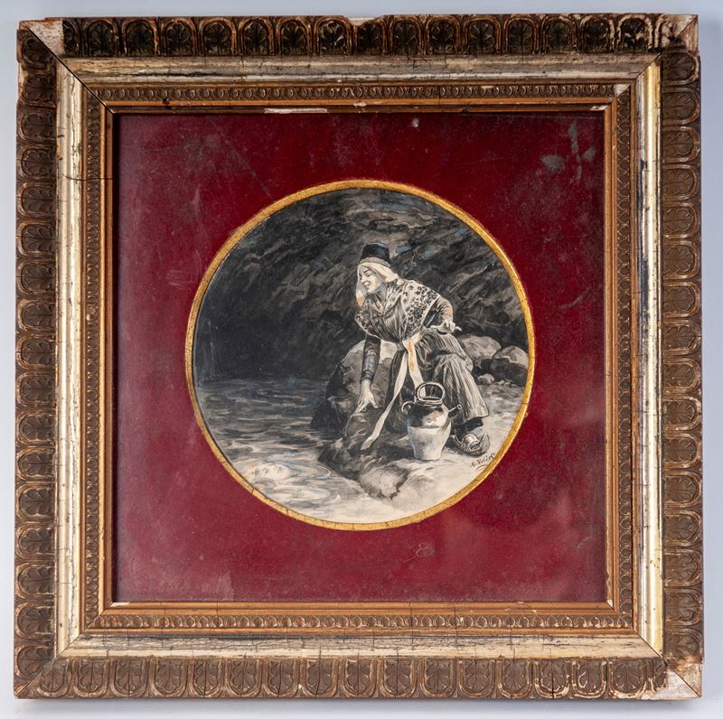 Autore sconosciuto, L'acquaiola, disegno ad acquerello su carta, diametro 15 cm