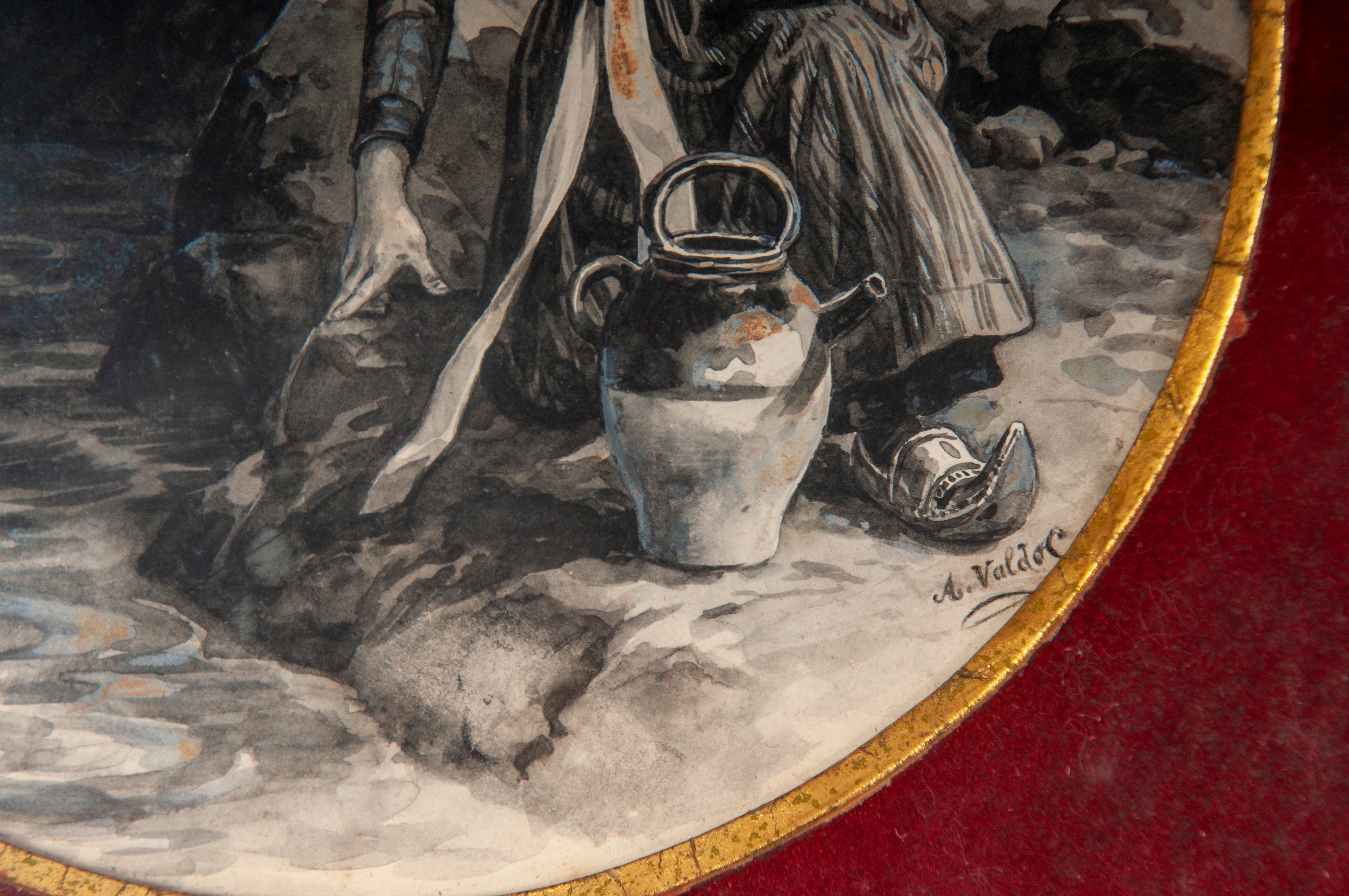 Autore sconosciuto, L'acquaiola, disegno ad acquerello su carta, diametro 15 cm