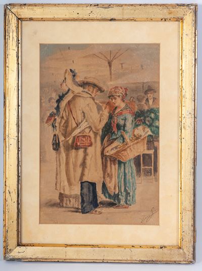 Autore sconosciuto, Al mercato, disegno acquarellato su carta